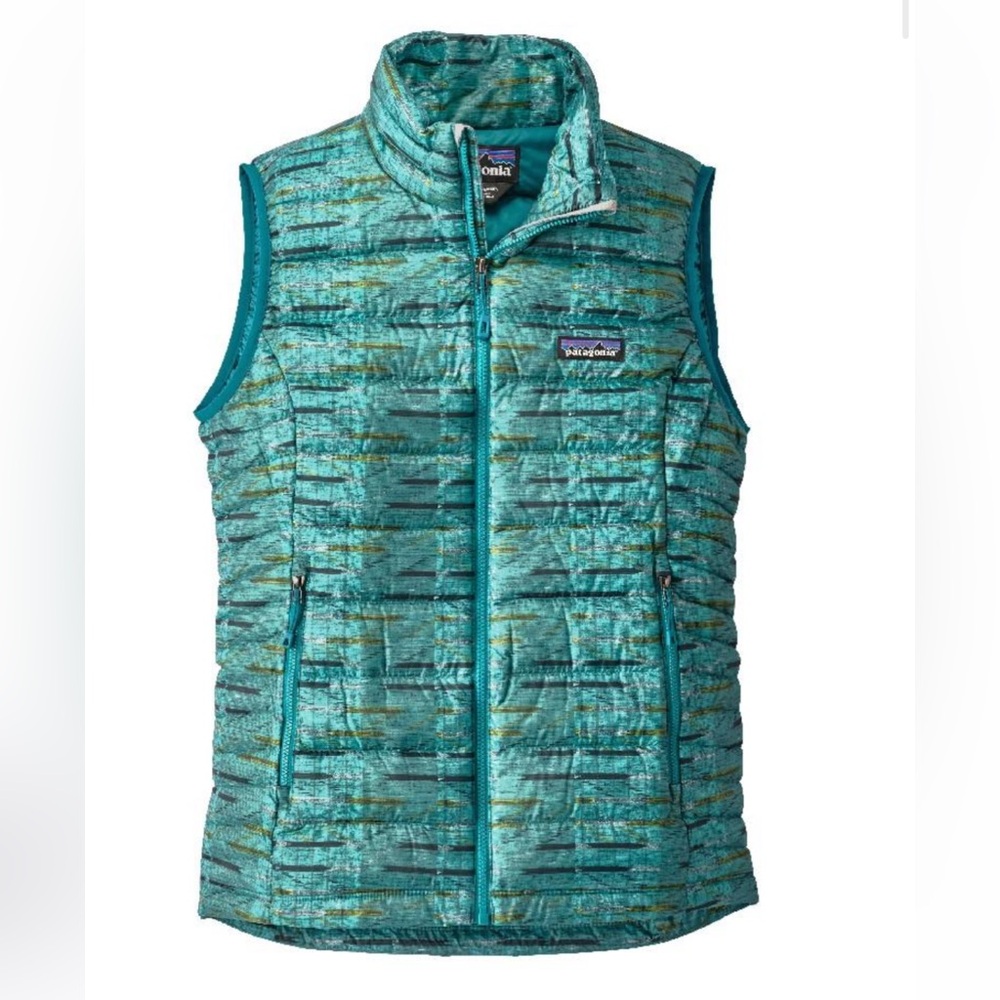 Patagonia Women's Down Sweater Vest in the Elwha Ikat turquoise patterned
